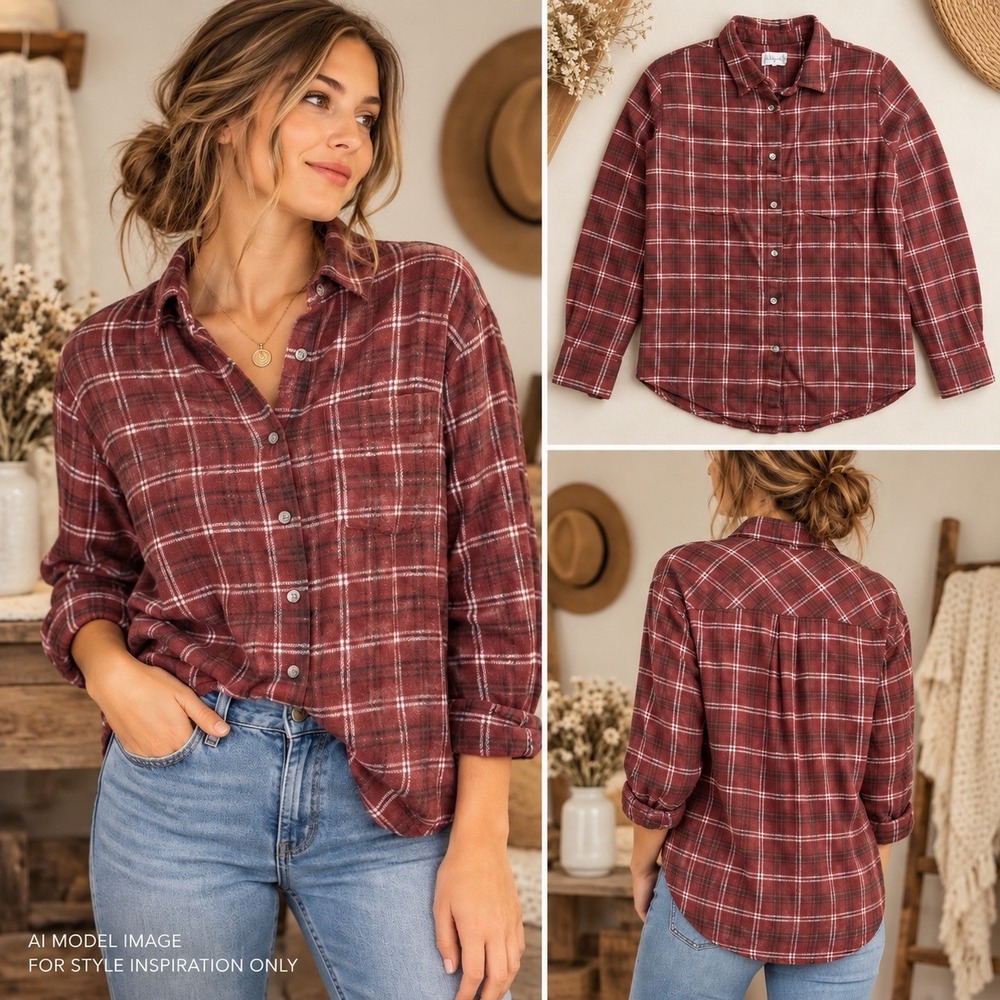 Altar'd State Plaid Flannel Shirt Womens S Burgundy Cotton Button Up CottageCore
